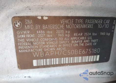 2011 BMW 328I z USA, uszkodzony, nr VIN WBAPH7C50BE675180